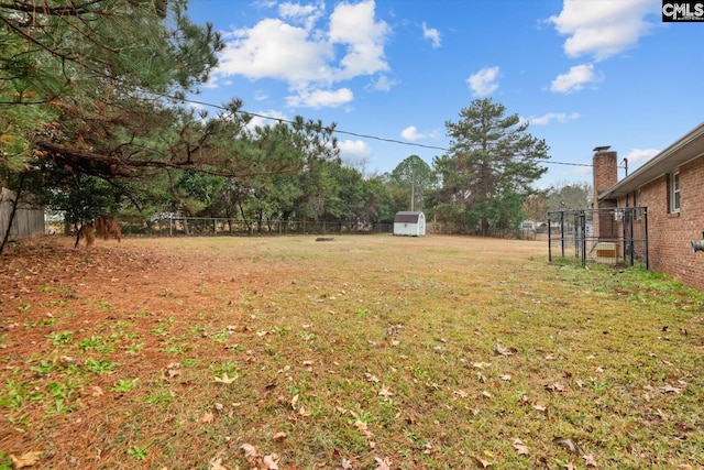 view of yard featuring a storage shed