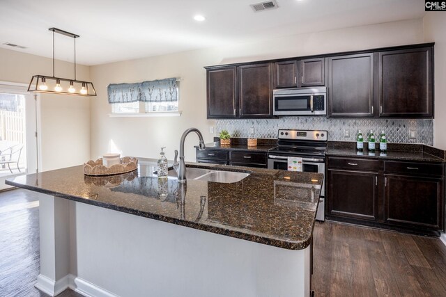 kitchen featuring backsplash, stainless steel appliances, hanging light fixtures, and an island with sink