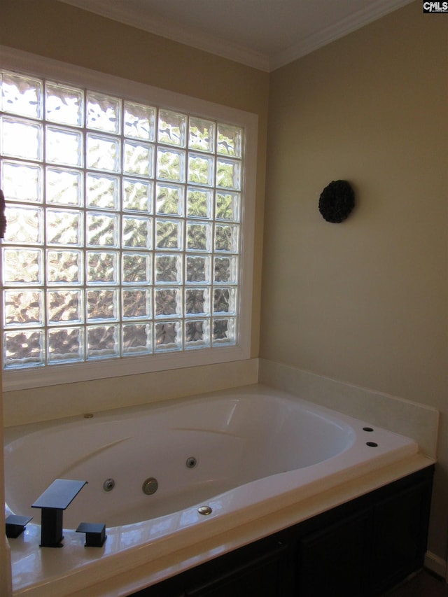 bathroom with a bathtub and crown molding