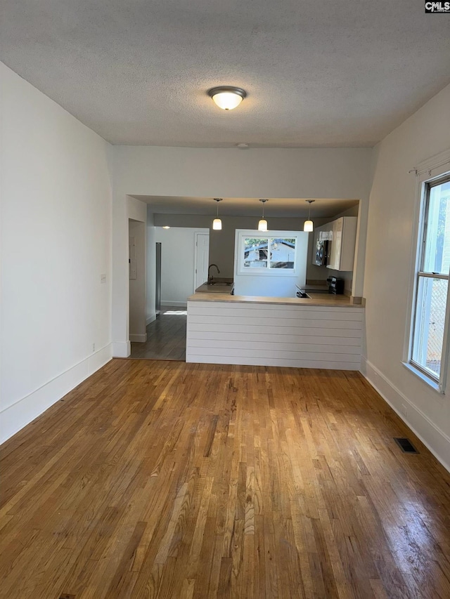 unfurnished living room with sink, dark wood-type flooring, and a textured ceiling