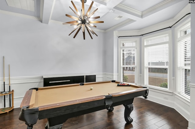 game room featuring beam ceiling, dark hardwood / wood-style floors, coffered ceiling, and pool table