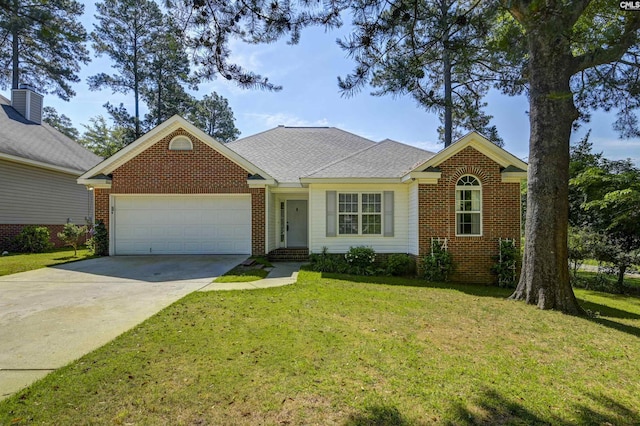 ranch-style house featuring a front yard and a garage