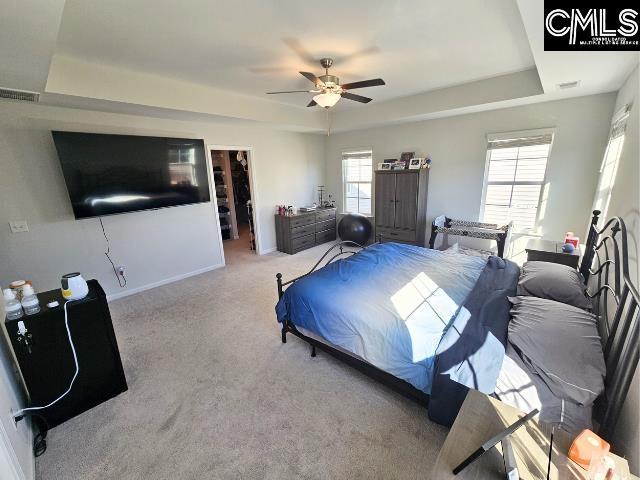 carpeted bedroom featuring visible vents, a walk in closet, a ceiling fan, baseboards, and a raised ceiling