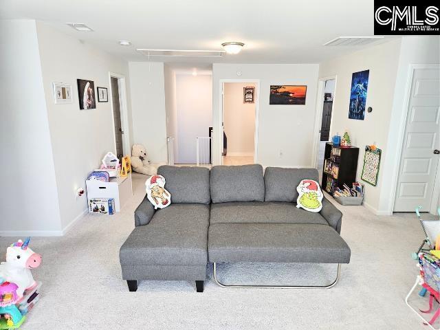 living area featuring attic access, carpet flooring, baseboards, and visible vents