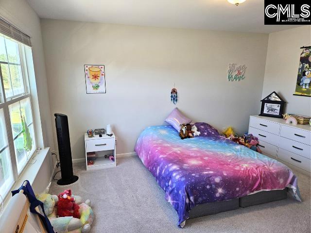 bedroom featuring carpet flooring, multiple windows, and baseboards