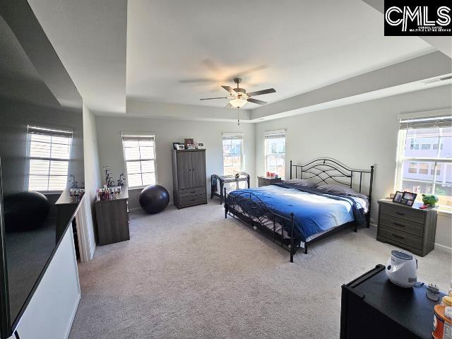 bedroom featuring a raised ceiling, carpet flooring, visible vents, and ceiling fan