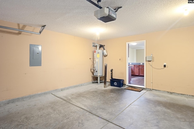 garage with electric panel, a garage door opener, and water heater