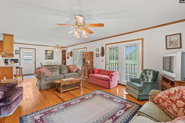 living room featuring a textured ceiling, light wood-type flooring, plenty of natural light, and ornamental molding