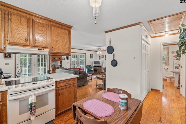 kitchen featuring light wood-type flooring, electric range, ceiling fan, and crown molding