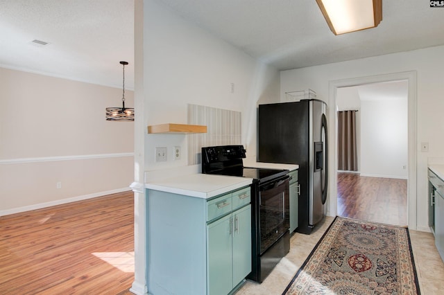 kitchen with black range with electric cooktop, stainless steel fridge with ice dispenser, a textured ceiling, decorative light fixtures, and light wood-type flooring