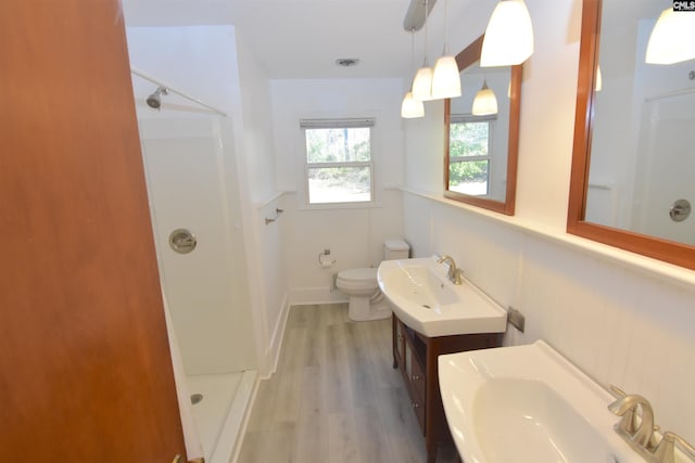 bathroom featuring a shower, hardwood / wood-style floors, vanity, and toilet