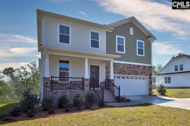 view of front of house featuring central air condition unit, covered porch, a front yard, and a garage