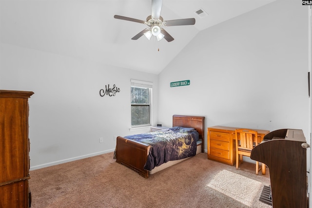 bedroom featuring ceiling fan, carpet, and lofted ceiling