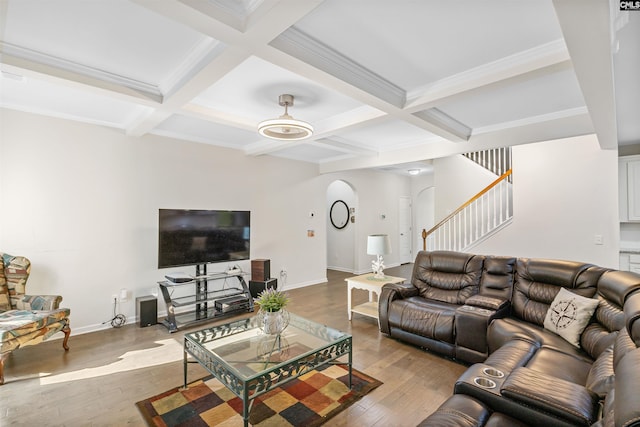 living room featuring beam ceiling, coffered ceiling, and hardwood / wood-style flooring