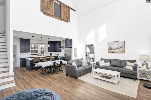 living room with dark hardwood / wood-style floors and a high ceiling