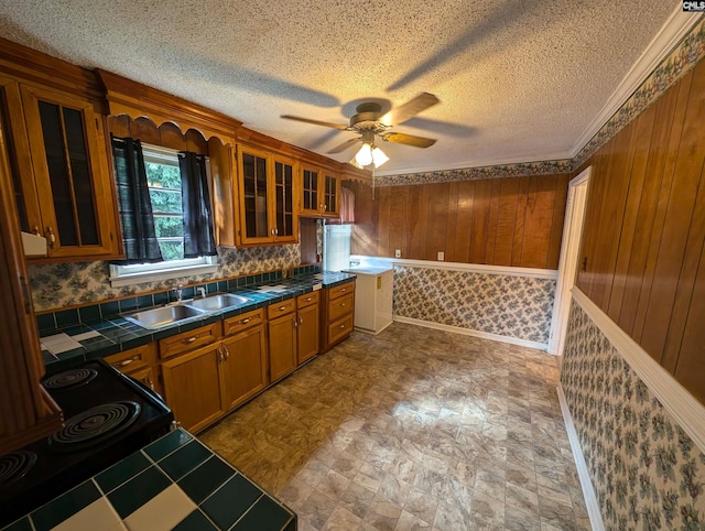 kitchen featuring crown molding, sink, electric range, ceiling fan, and tile counters