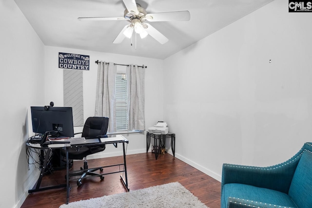 office space featuring ceiling fan and dark hardwood / wood-style floors