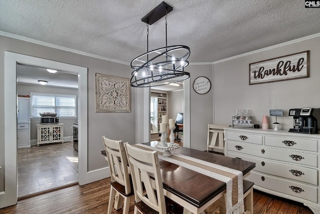 dining area featuring crown molding, a textured ceiling, and dark hardwood / wood-style flooring