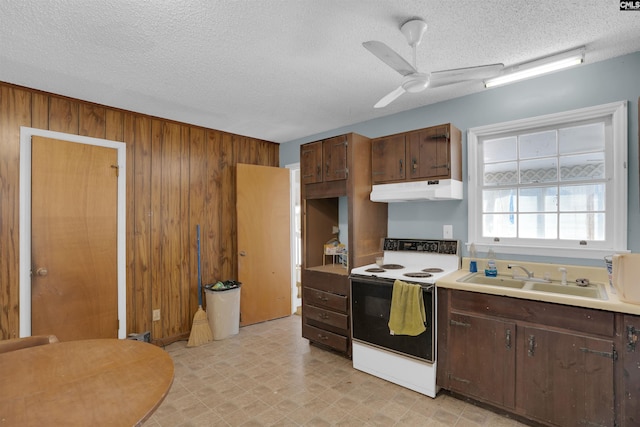 kitchen with electric stove, sink, ceiling fan, wooden walls, and a textured ceiling