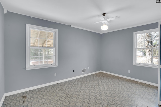 unfurnished room with crown molding and ceiling fan