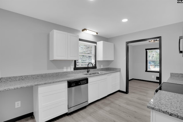 kitchen with white cabinetry, sink, stainless steel dishwasher, and light stone counters