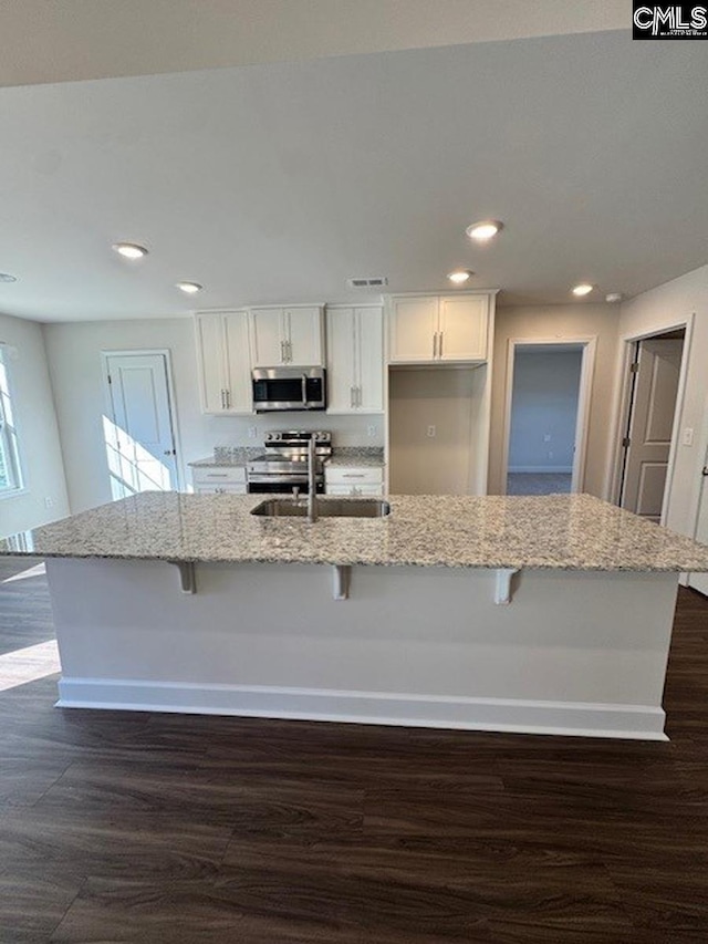 kitchen with a large island, sink, white cabinetry, and stainless steel appliances