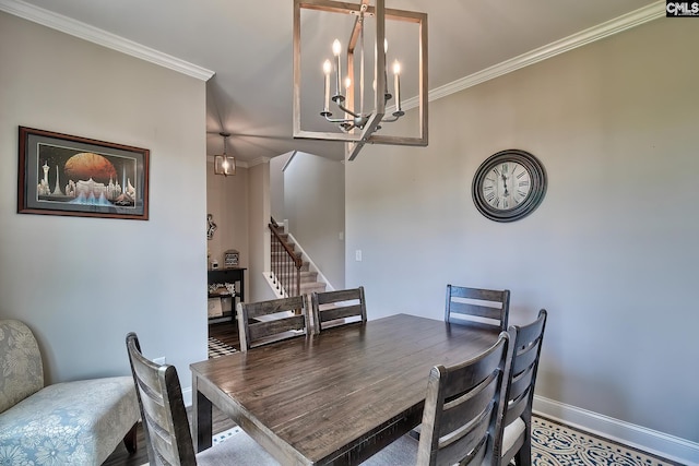 dining room with ornamental molding and a chandelier