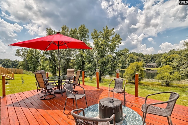 wooden deck with a yard and a water view