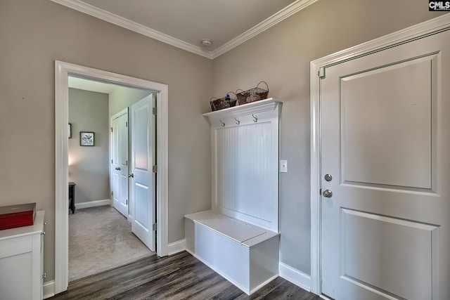 mudroom featuring dark wood-type flooring and ornamental molding