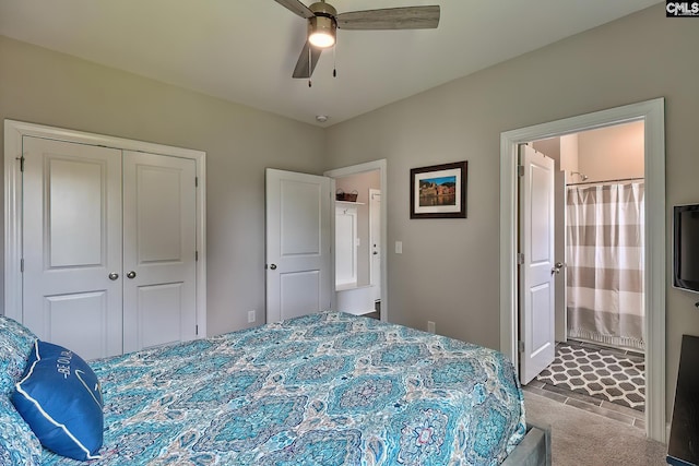 bedroom featuring carpet floors, a closet, and ceiling fan