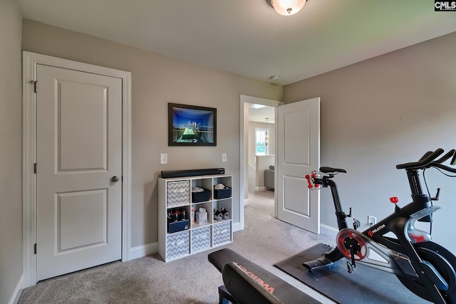 workout area featuring light colored carpet