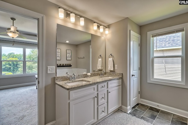 bathroom featuring plenty of natural light, ceiling fan, and vanity