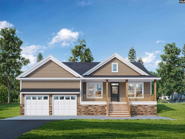 view of front of property with a porch, a garage, and a front yard