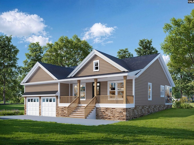 view of front facade featuring a garage, a porch, and a front yard