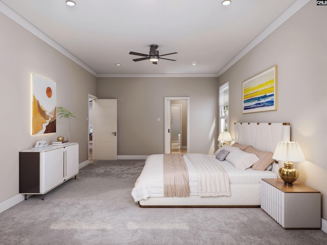 bedroom featuring ceiling fan, crown molding, and carpet floors