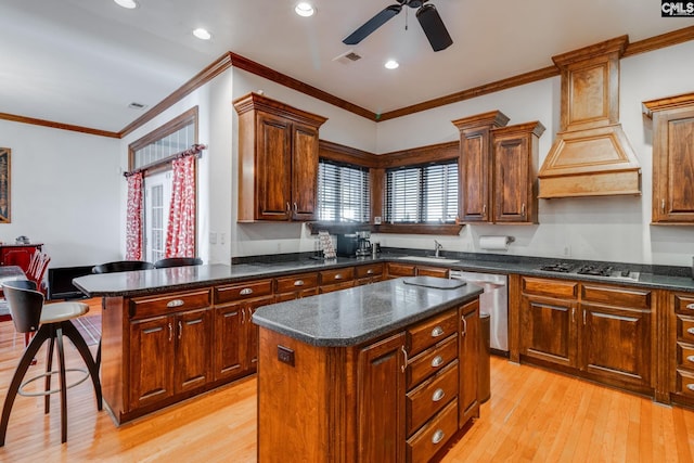 kitchen featuring light wood-type flooring, custom range hood, stainless steel appliances, sink, and a kitchen island