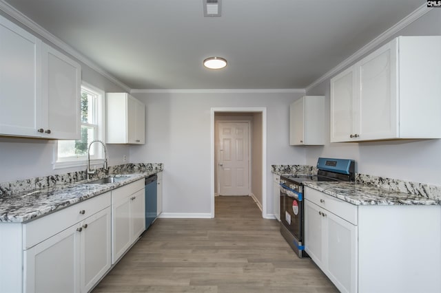 kitchen featuring gas stove, light stone counters, white cabinetry, and sink