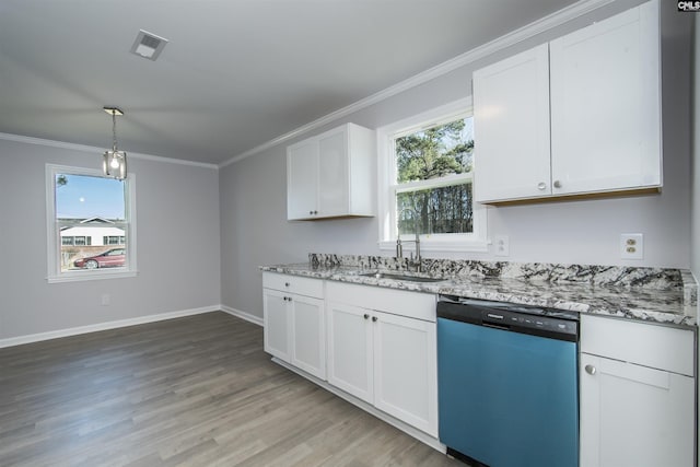 kitchen featuring light stone counters, dishwasher, white cabinets, and sink