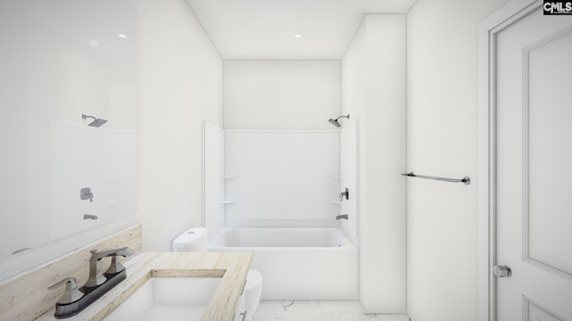 full bathroom with vanity,  shower combination, and toilet