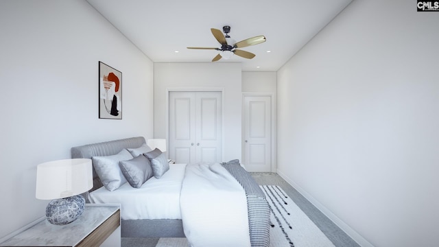 bedroom with carpet flooring, ceiling fan, and a closet