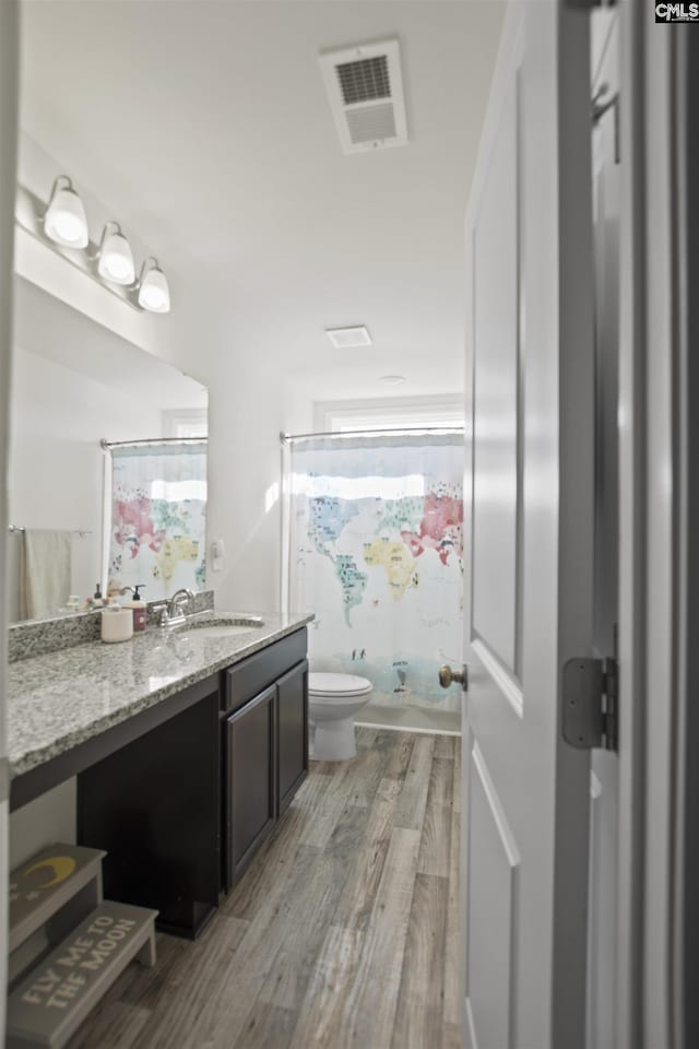 bathroom with toilet, vanity, wood-type flooring, and a shower