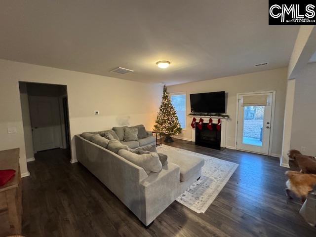 living room featuring dark wood-type flooring