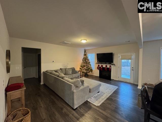 living room with dark hardwood / wood-style floors