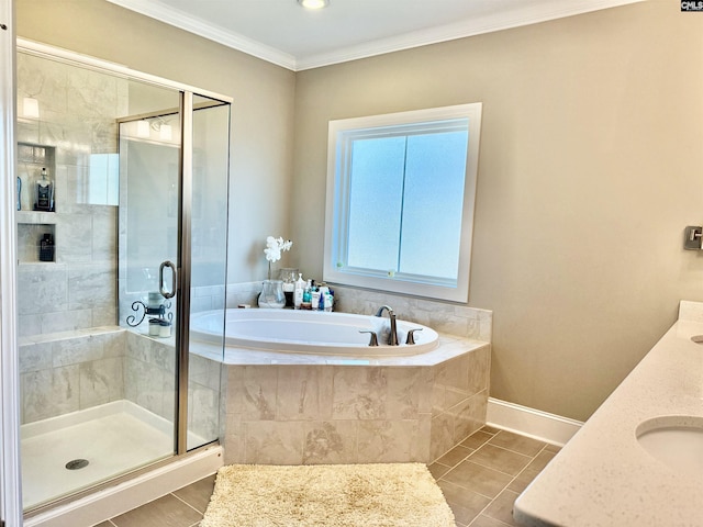 bathroom featuring independent shower and bath, crown molding, and tile patterned floors