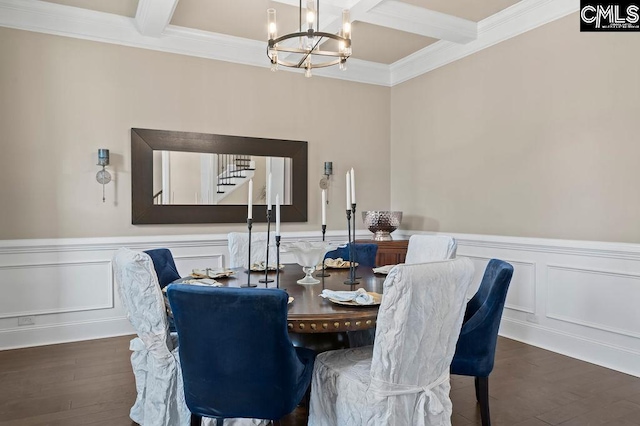 dining space featuring coffered ceiling, dark hardwood / wood-style floors, a notable chandelier, ornamental molding, and beamed ceiling