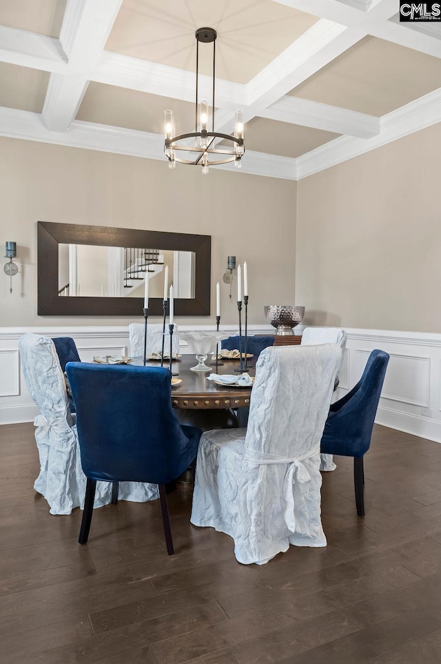 dining space with coffered ceiling, dark wood-type flooring, a chandelier, crown molding, and beamed ceiling