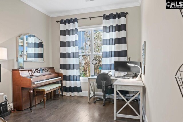 office area featuring dark hardwood / wood-style floors and ornamental molding