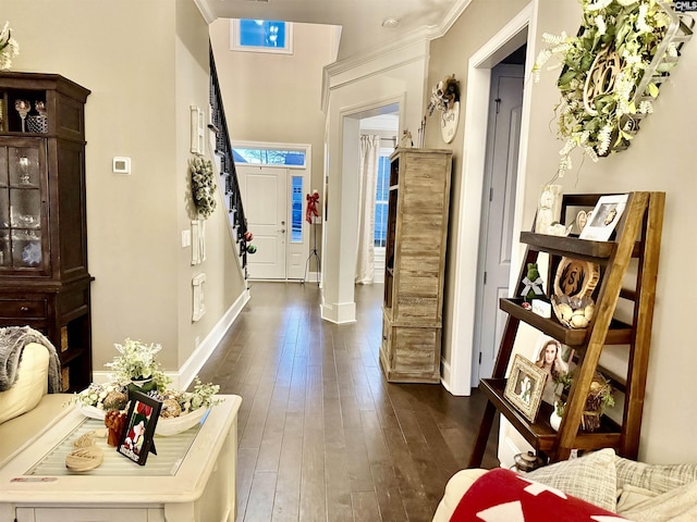 hall with dark hardwood / wood-style flooring and ornamental molding