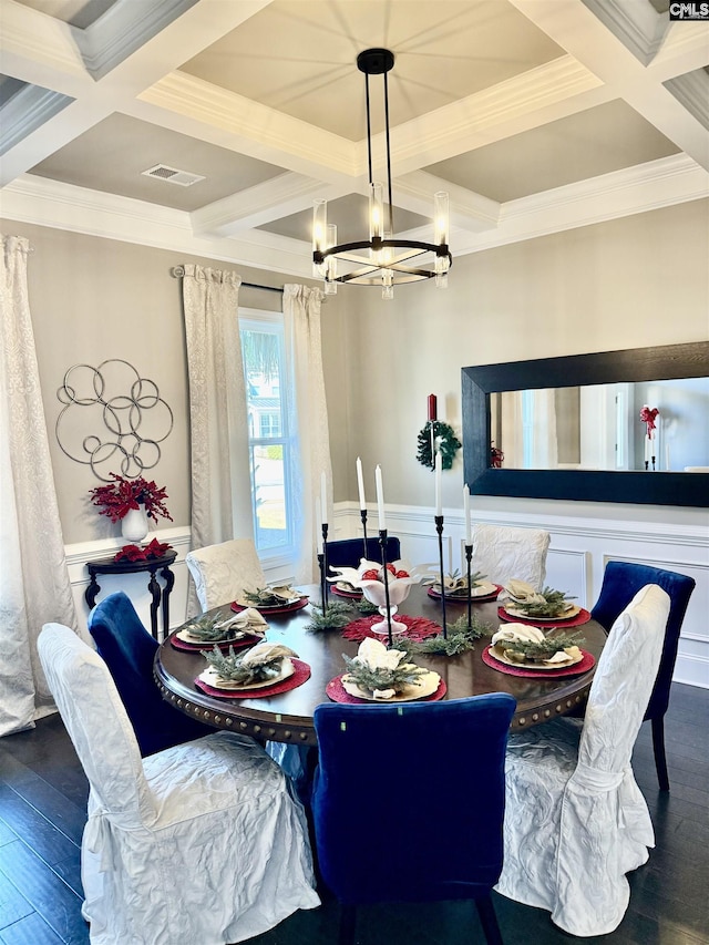 dining room featuring a chandelier, dark hardwood / wood-style flooring, coffered ceiling, and beamed ceiling