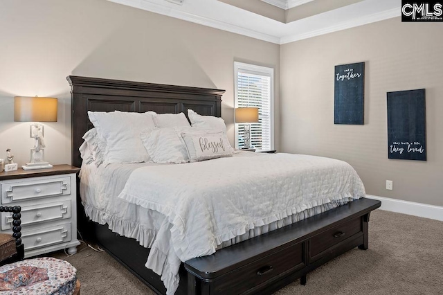 carpeted bedroom with crown molding